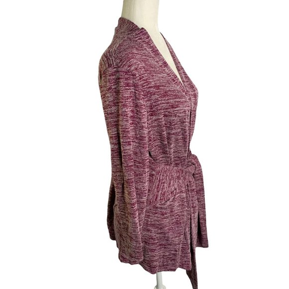 H by Halston Cardigan Sweater M Maroon Red Tie Waist Stretch Knit - Picture 3 of 6